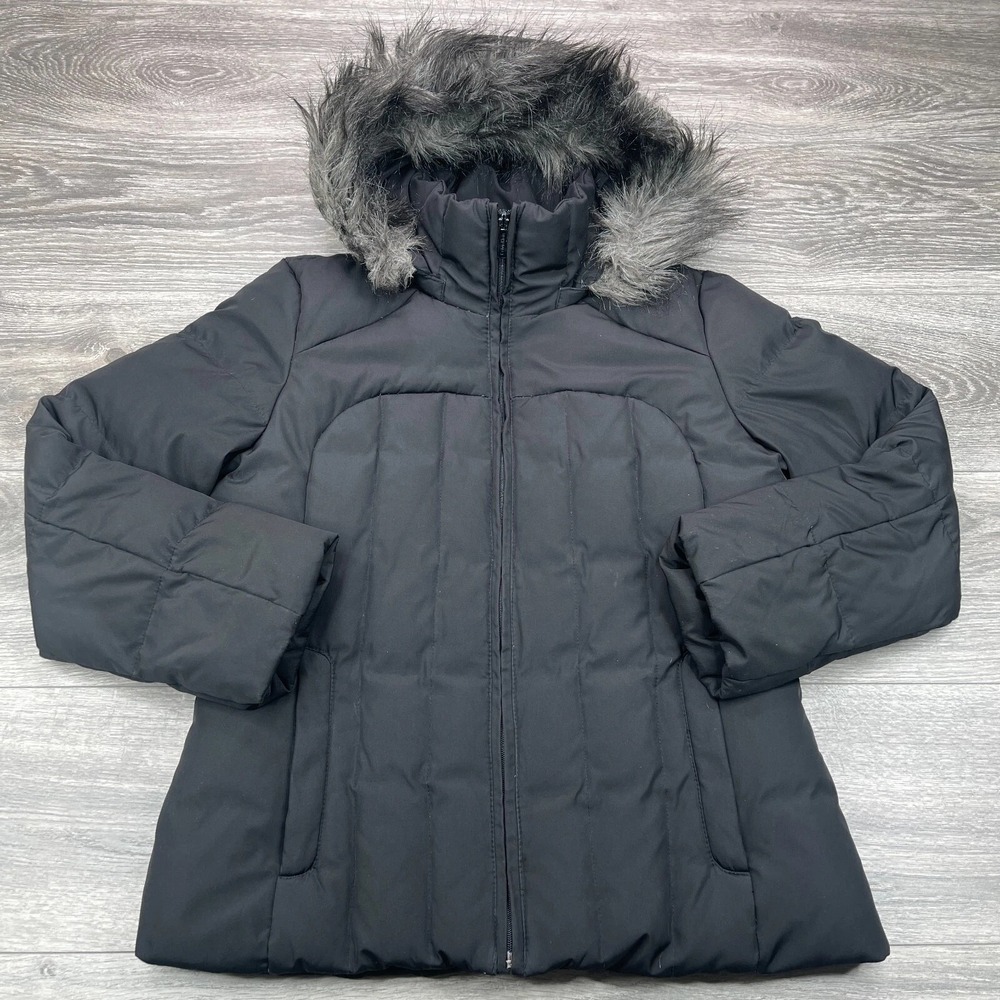 Calvin Klein Womens PS Black Down Puffer Jacket Faux Fur Hood Winter Coat Petite